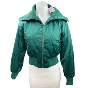 Wild Fable Womens Emerald Green Satin Zip Up Collar Crop Bomber Jacket